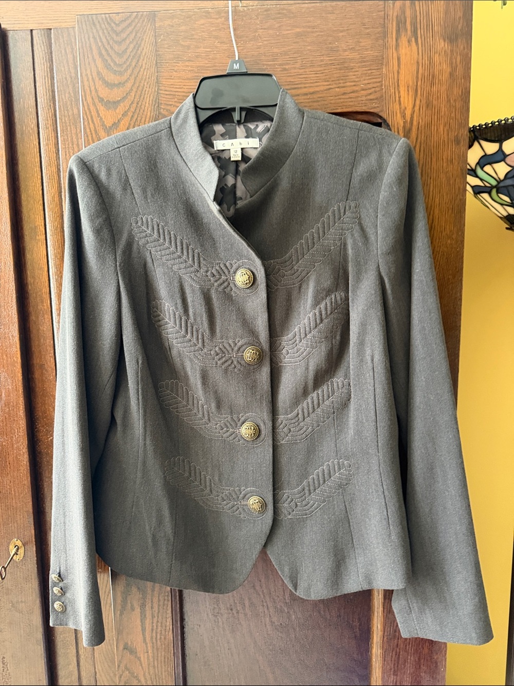 CAbi Gray Military-Inspired Braided Blazer Antique Gold Buttons